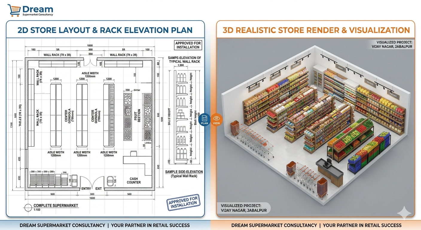 Detailed 2D Store Layout and Realistic 3D Render for a Supermarket Project